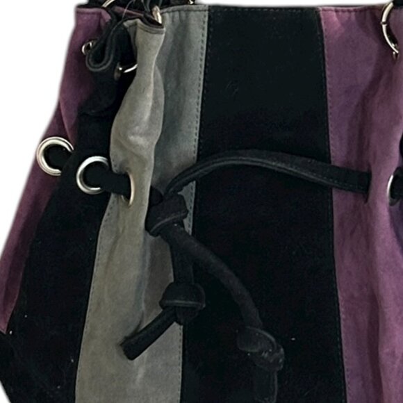 Laura Black Suede Slouchy Hobo Bag Purse Bucket Style Silver Hardware Striped - Picture 6 of 7